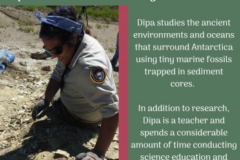 Photo of Dipa Desai in park service uniform sitting on rock slope, examining rock.  Text surrounding photo.