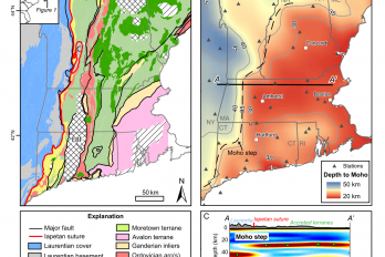 Figure from paper showing map of New England: denoting geology by age on the left, and the depth of the Moho on the right.