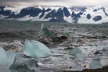 Image of blue chunks of ice floating in a steel grey ocean in front of snow covered mountains in the distance