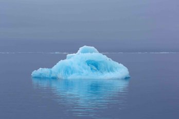 A lone vibrant blue iceberg floating in a calm purple sea with a gray, overcast sky.