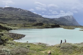Researchers exploriing the shore of a lake in Greenland during the summer
