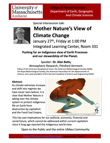 Flyer for talk with information on this webpage, and stylized art from the Washington Post with a silhouette of Mother Earth 