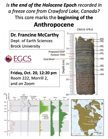 Poster for event showing title, speaker, and other information contained on this webpage. Also includes a photo of a sed core.