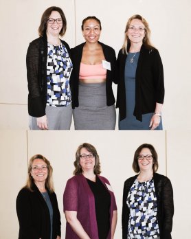 Portraits of Raquel Bryant and Dr. Michele Cooke, posing with Dean Dr. Tricia Serio and Department Head Dr. Julie Brigham-Grette