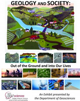 Poster of ISB exhibit featuring painting of a river valley bordered by agricultural land. Painting by Sandy Litchfield