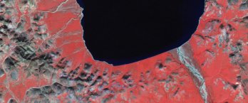 False color LANDSAT satellite image of Lake E in Siberian Arctic