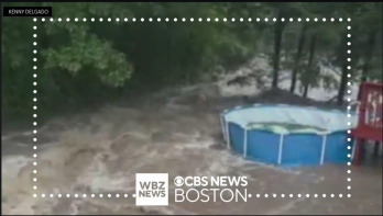 A screenshot of a CBS Boston video showing a backyard with an above ground pool being inundated with floodwater