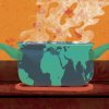 Clip art of grey pot boiling over on stove in front of orange wall. The pot is a metaphor for the planet.