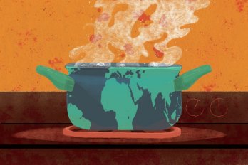 Clip art of grey pot boiling over on stove in front of orange wall. The pot is a metaphor for the planet.