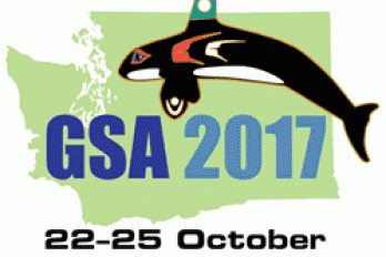 Logo for the GSA 2017 international meeting, featuring a stylized logo of a killer whale that features elements of local indigenous art that was likely culturally appropriated by whichever White designers GSA hired.