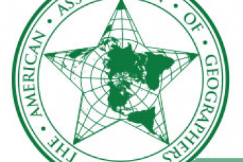 Logo of the American Association of Geographers, resembling a green linework sherrif's badge with 5 point star.  Within the star is a north-poleward projection of the globe with lat-long meridians.
