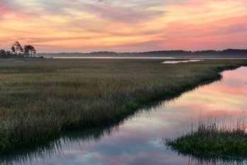 A water channel through a salt marsh during a dusky pink sunset.