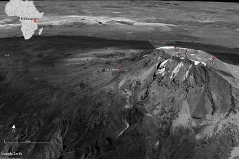  Oblique view of Kilimanjaro and the study sites (Google Earth). Site abbreviations correspond with site names in Table 1 in paper.