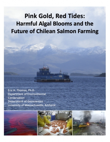 Flyer for event with talk title and author information superimposed over image of blue, boxy commercial salmon vessel on water in front of snow-capped mountains in Patagonia Chile 