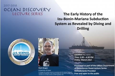 Poster for event with drilling ship on calm, open ocean behind text and photo of speaker.