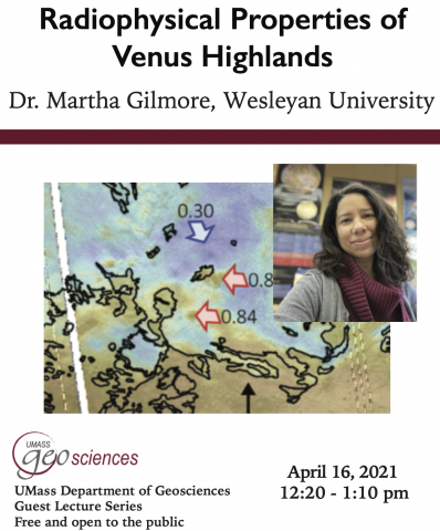 Flyer for event with talk title and author information in addition to a photo of author superimposed over geophysical map of Venus highlands