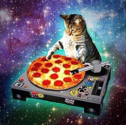 A tabby cat in space, presumably DJing a hot set, with a pepperoni pizza on a turntable.