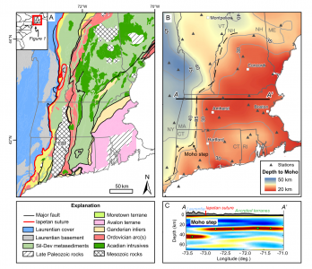 Figure from paper showing map of New England: denoting geology by age on the left, and the depth of the Moho on the right.