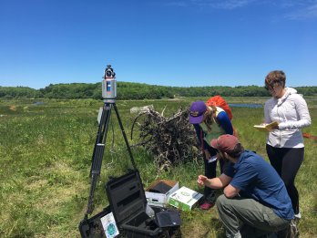 Hydrogeology students standing in a field with survey and geophysical equipment, adjacent to marshland