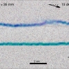 Frame from animation of sandbox experiments showing highlighted blue and green linear bands of pixels that denote zones of slip within deformed clay. Source: Supplementary materials from paper mentioned in text.