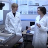 Scientific lab with two scientists in white lab coats facing each other talking, 3/4 view towards camera. Male identified scientist on left, female identified scientist on right.