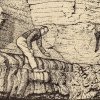 Pen and Ink drawing of photograph of the late professor Leo M Hall standing halfway up a cliff and gesturing to a geologic featu